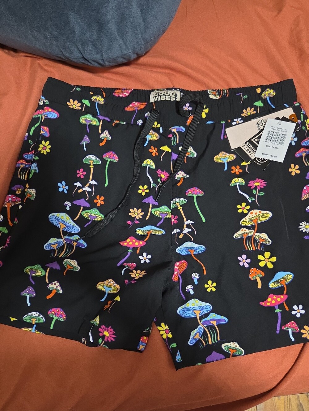 Good Vibes Black Mushroom Print Swim Trunks